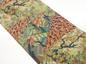 萬葉製　切り嵌め風群鶴に時代人物・秋草模様織出し全通袋帯